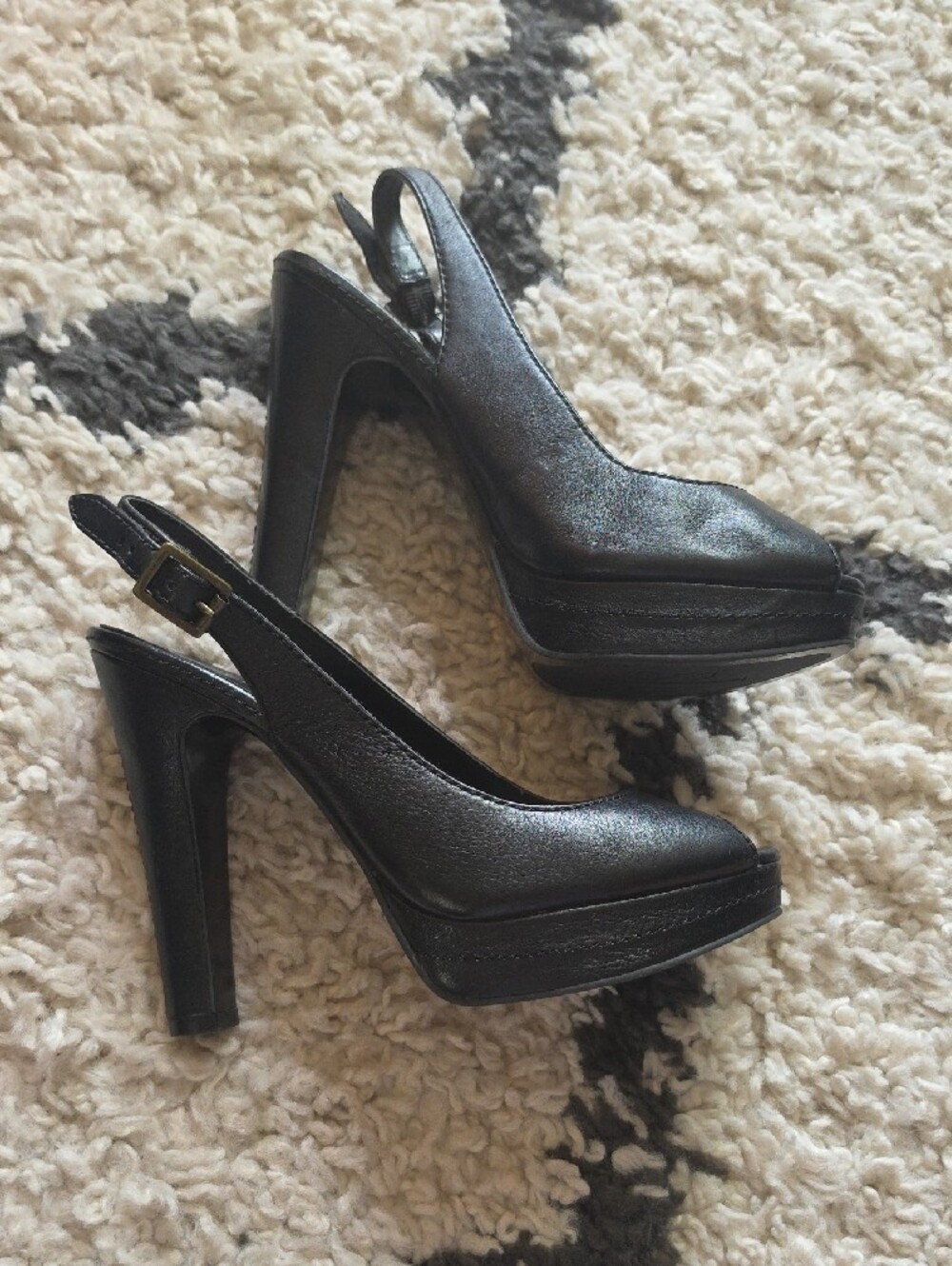 Lauren Ralph Lauren Black Leather Peep-Toe Slingback Heels - Picture 2 of 8